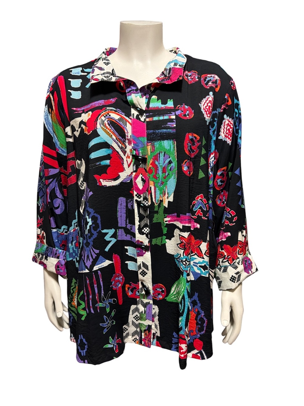 NWT Ali Miles Plus Sz 3X Button-Front Tunic Blouse Abstract Art Print